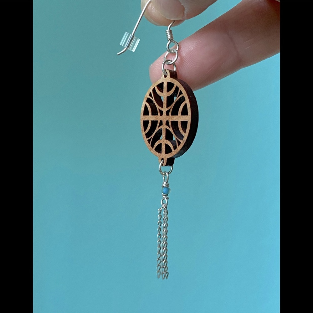 New without tags laser cut wood and silver dangle earrings